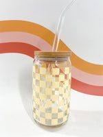 beige checkered can glass